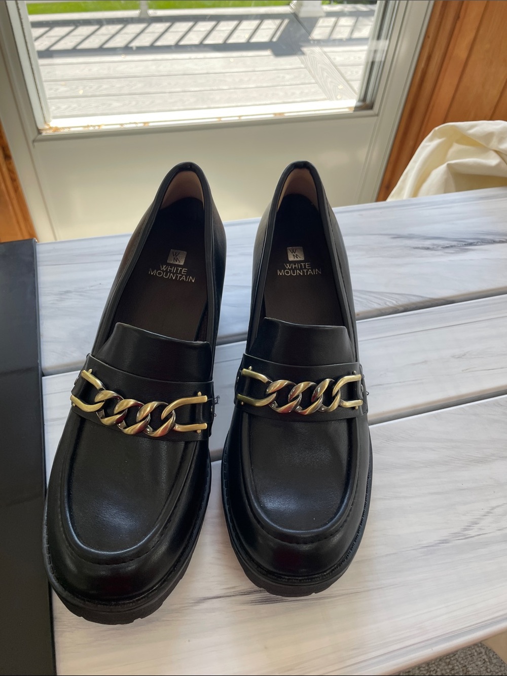 White Mountain Black Loafers with Gold Chain Trim